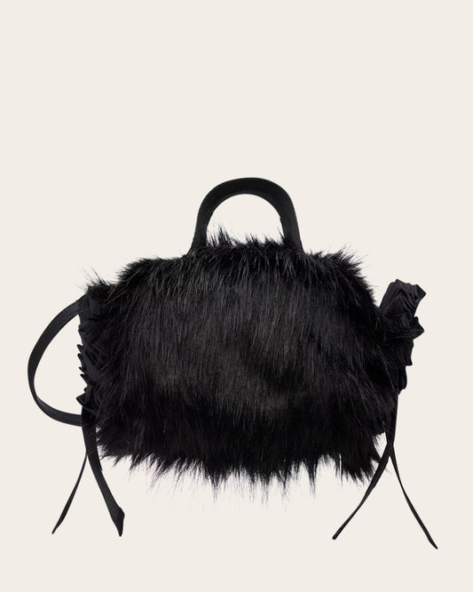 Embellished Mini Faux Fur Double Ribbon Rosette Bag