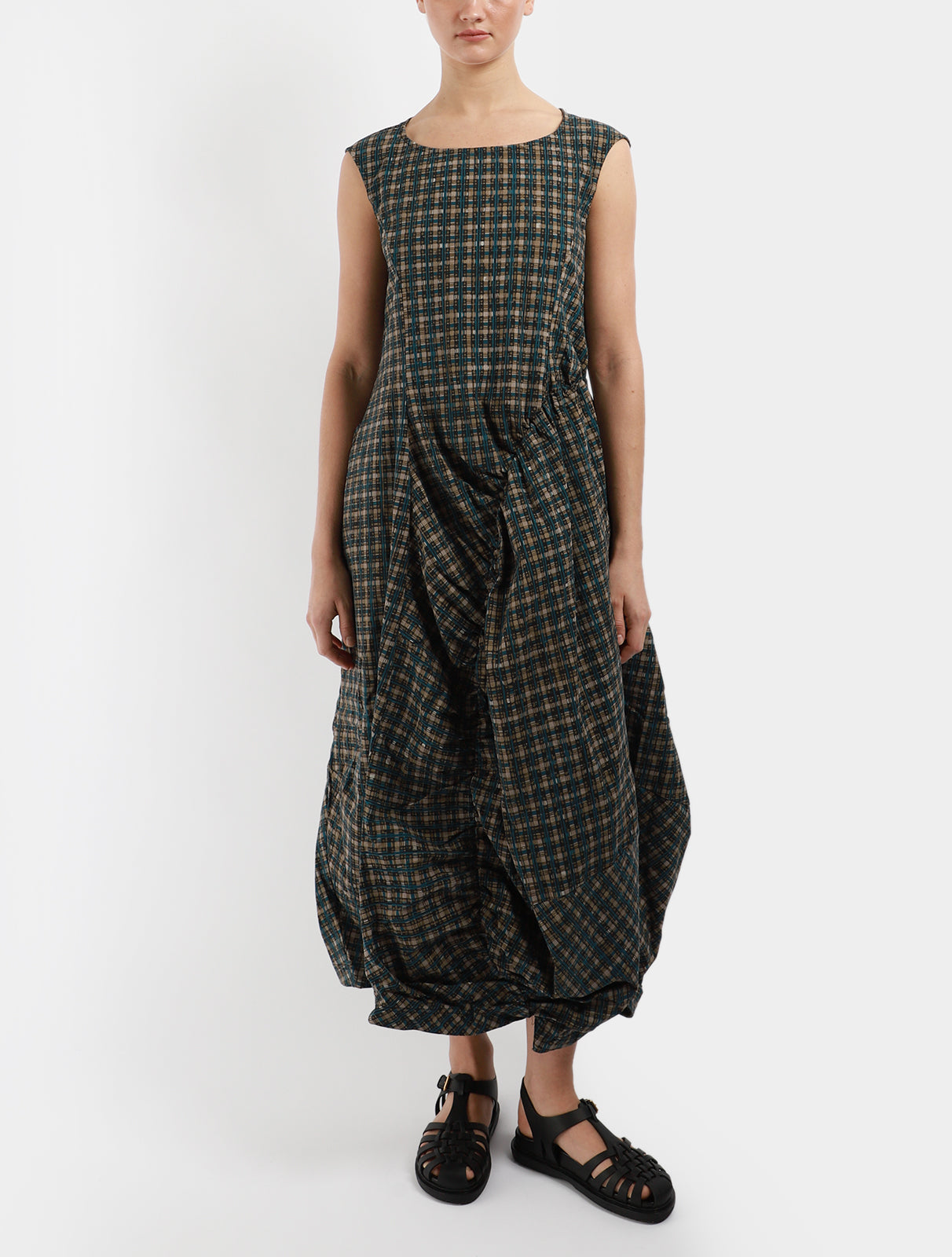 Asymmetric Check Fitted Waist Dress