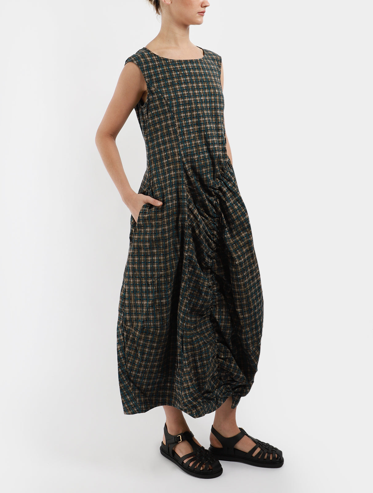 Asymmetric Check Fitted Waist Dress