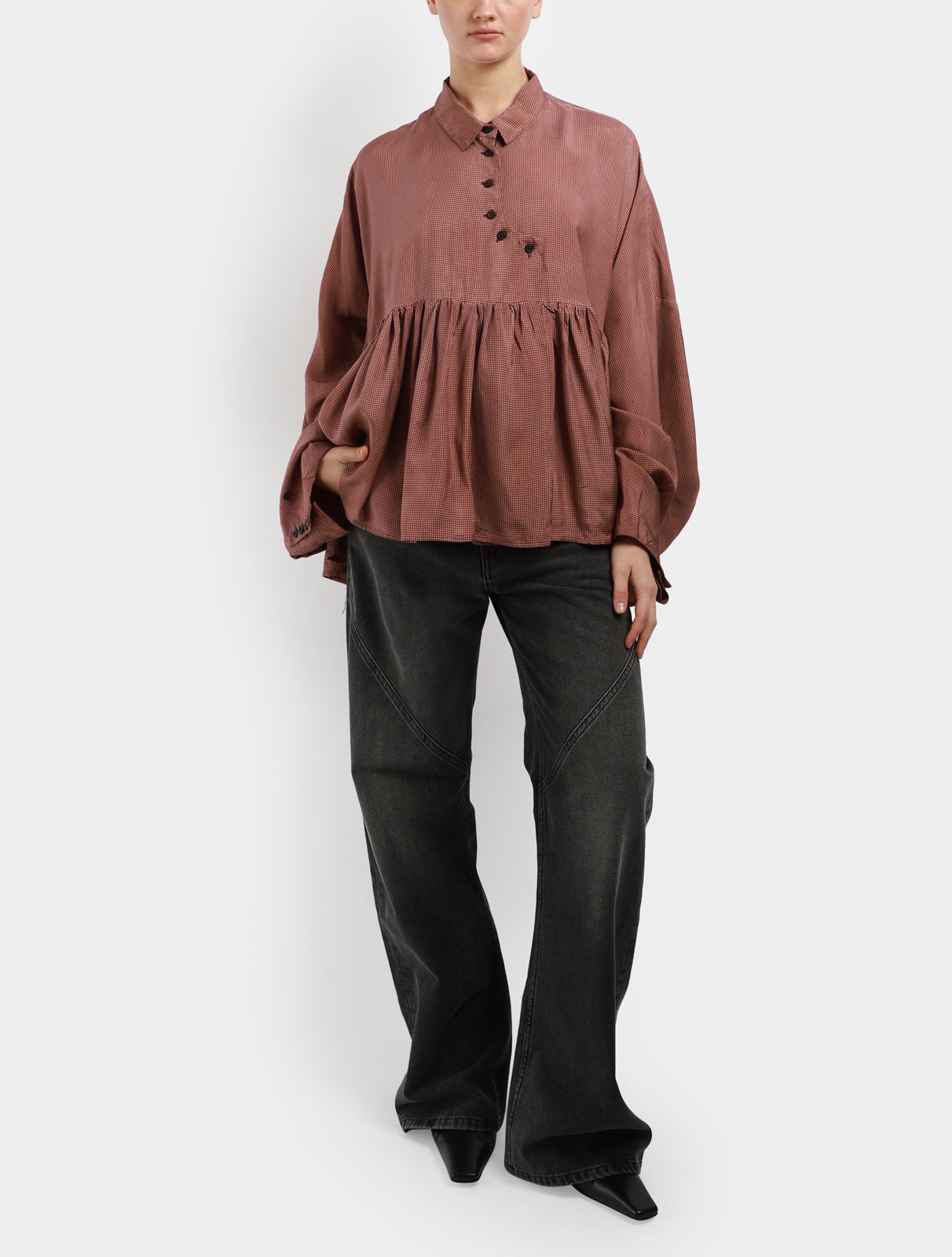 Curve Button Ruffle Peplum Shirt