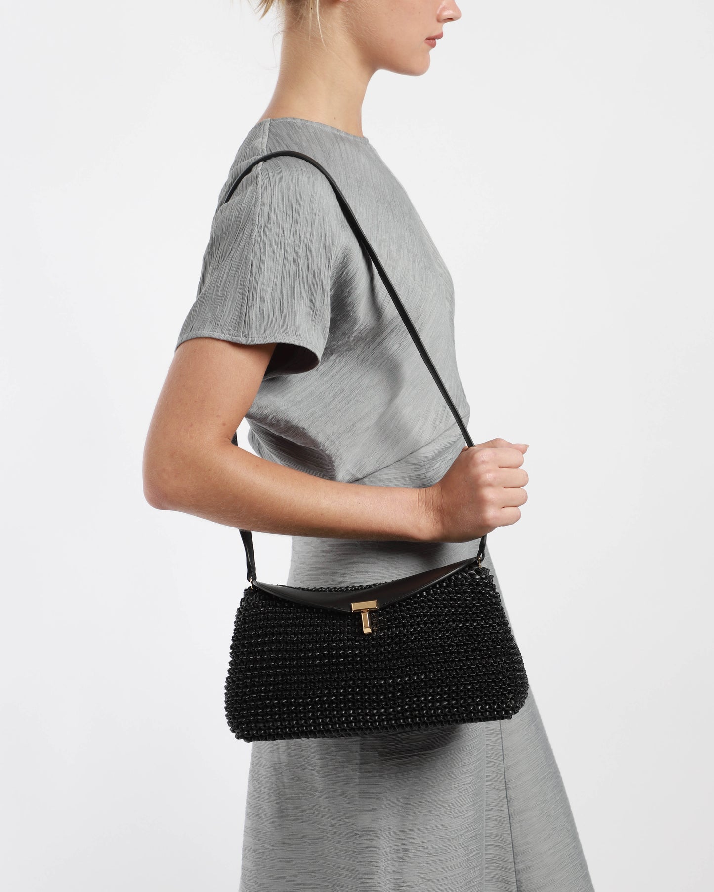 T-Lock Woven-Leather Clutch