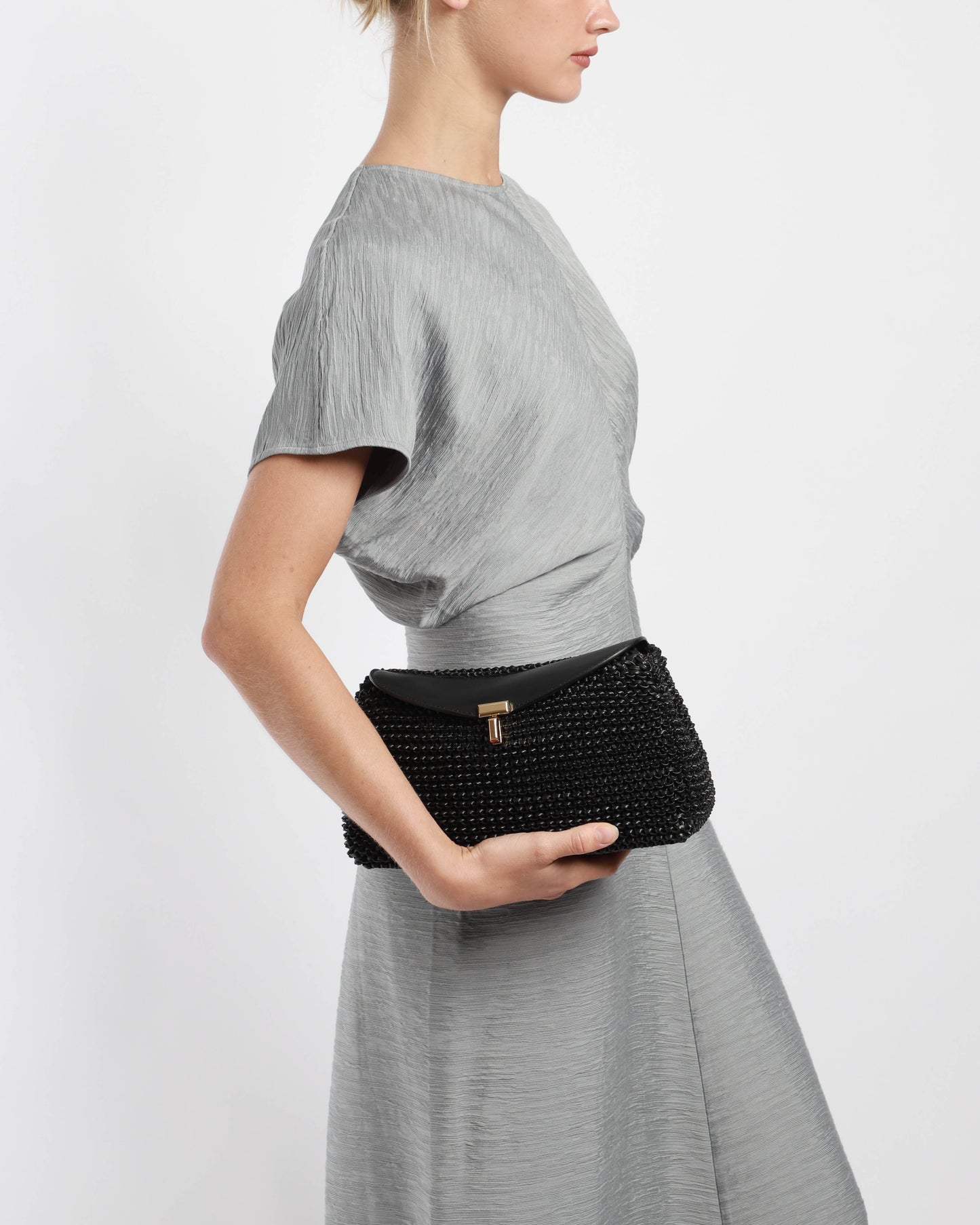 T-Lock Woven-Leather Clutch