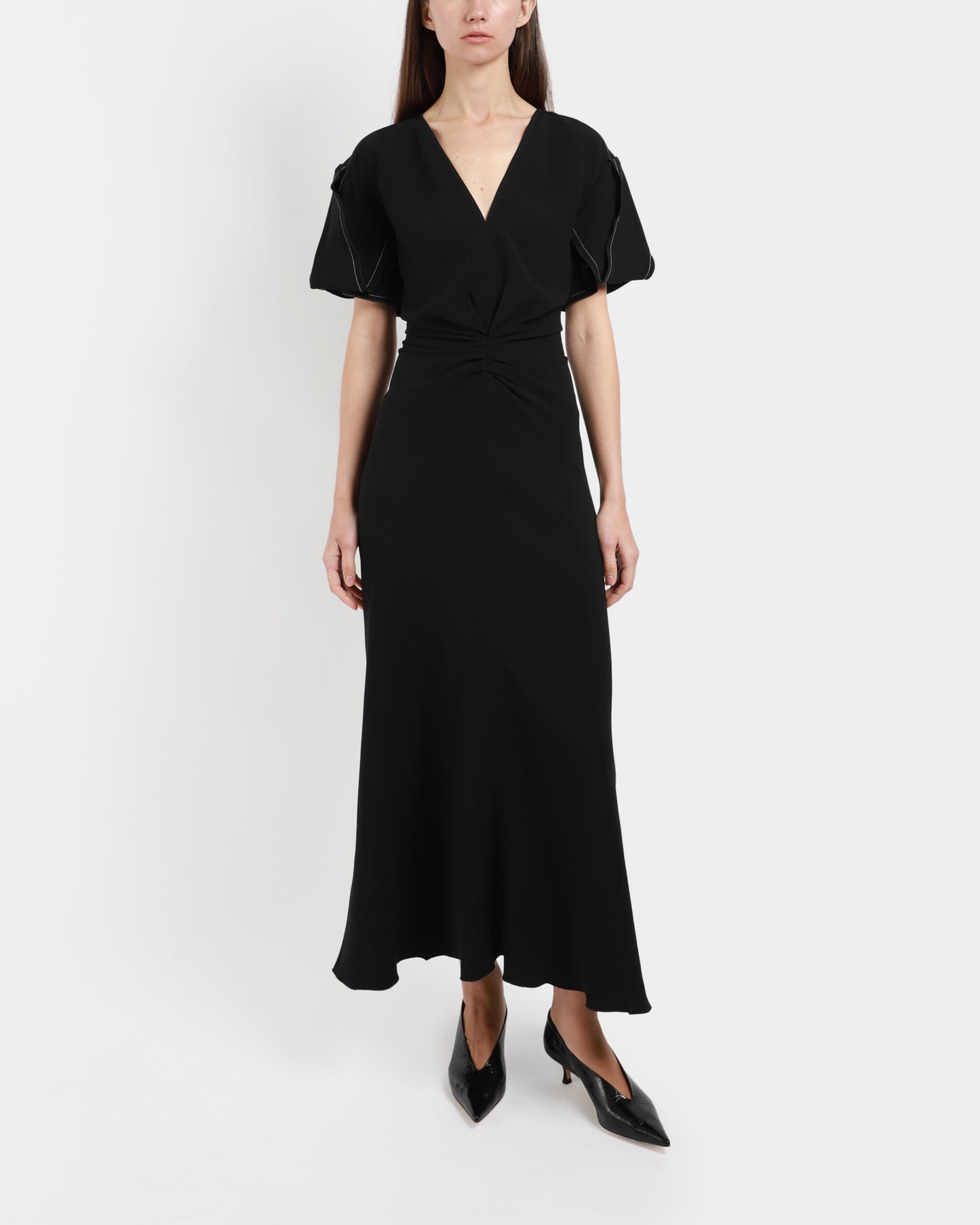 Gathered V-Neck Midi Dress