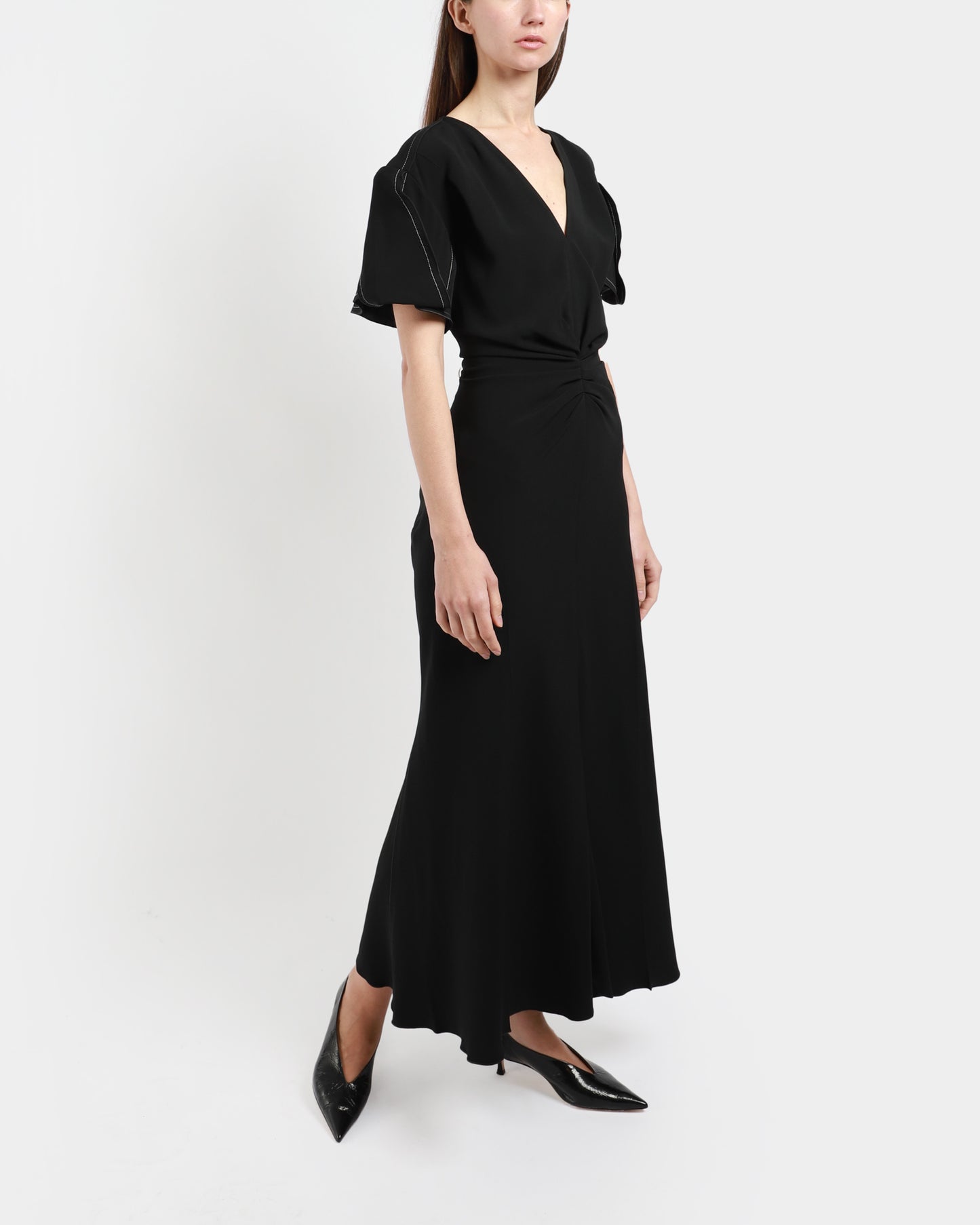 Gathered V-Neck Midi Dress