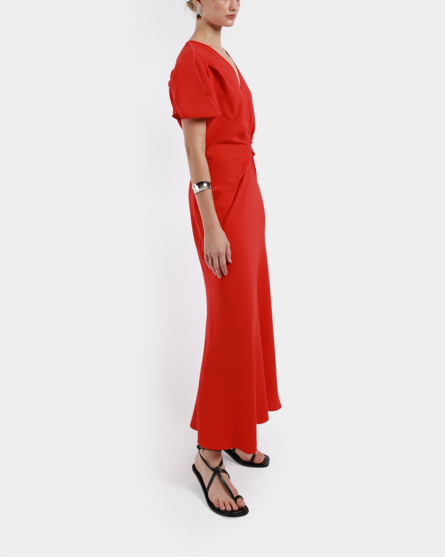 Gathered V-Neck Midi Dress