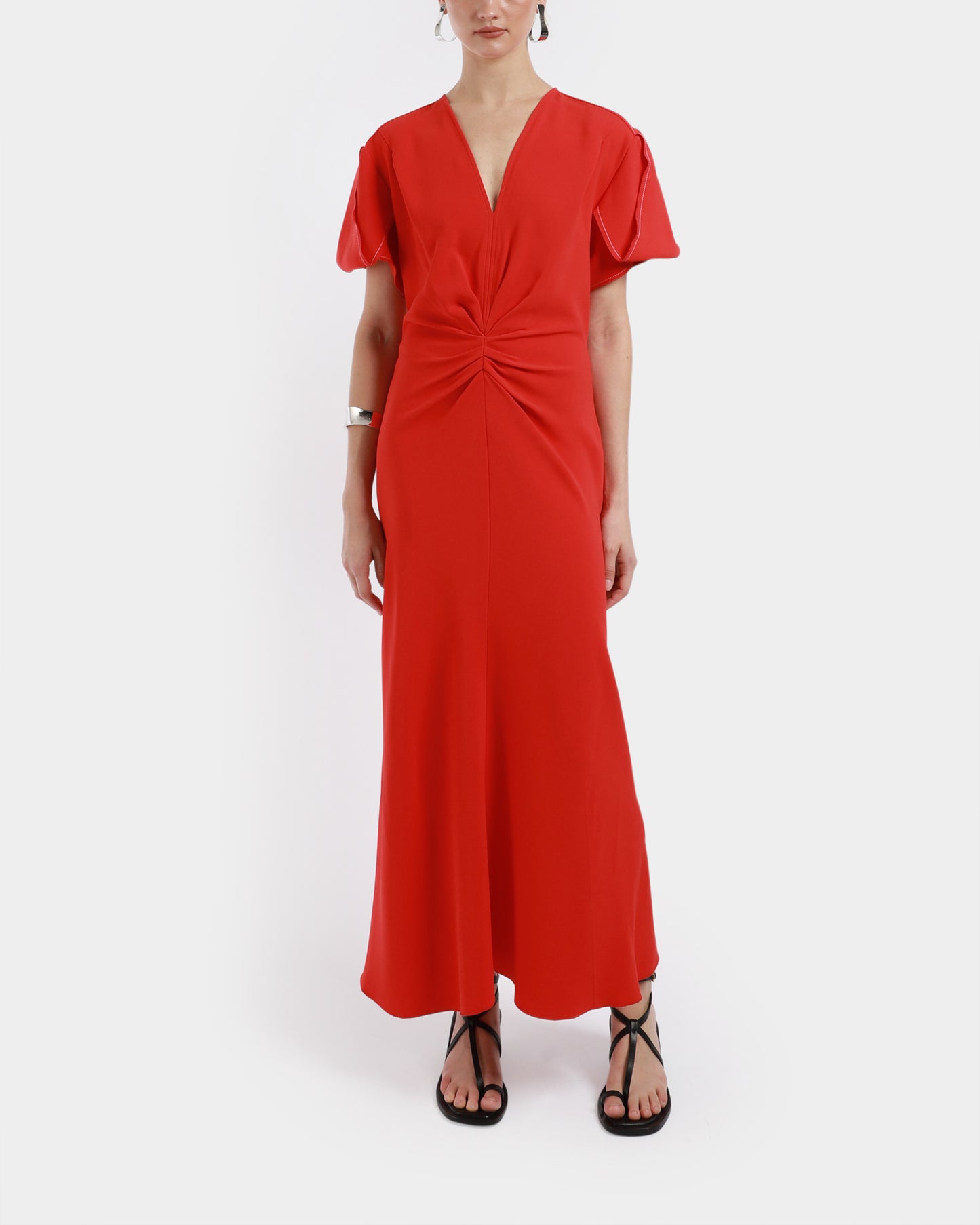 Gathered V-Neck Midi Dress