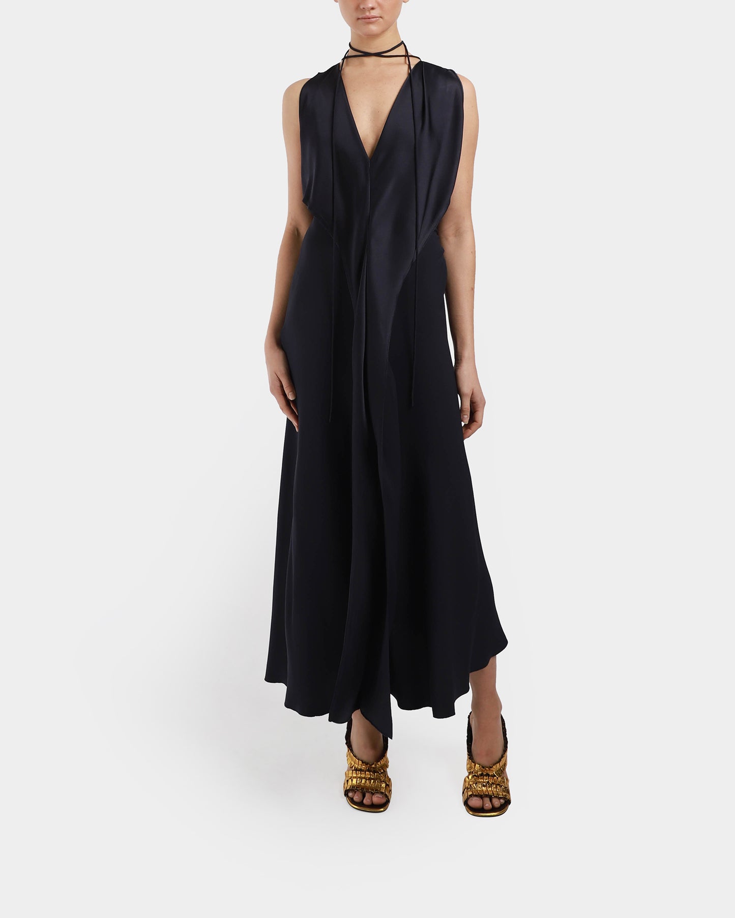 Tie Neck Draped Midi Dress