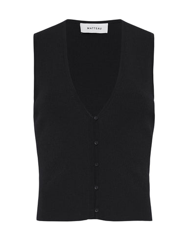 Matteau black knit button up vest with plunge v neckline