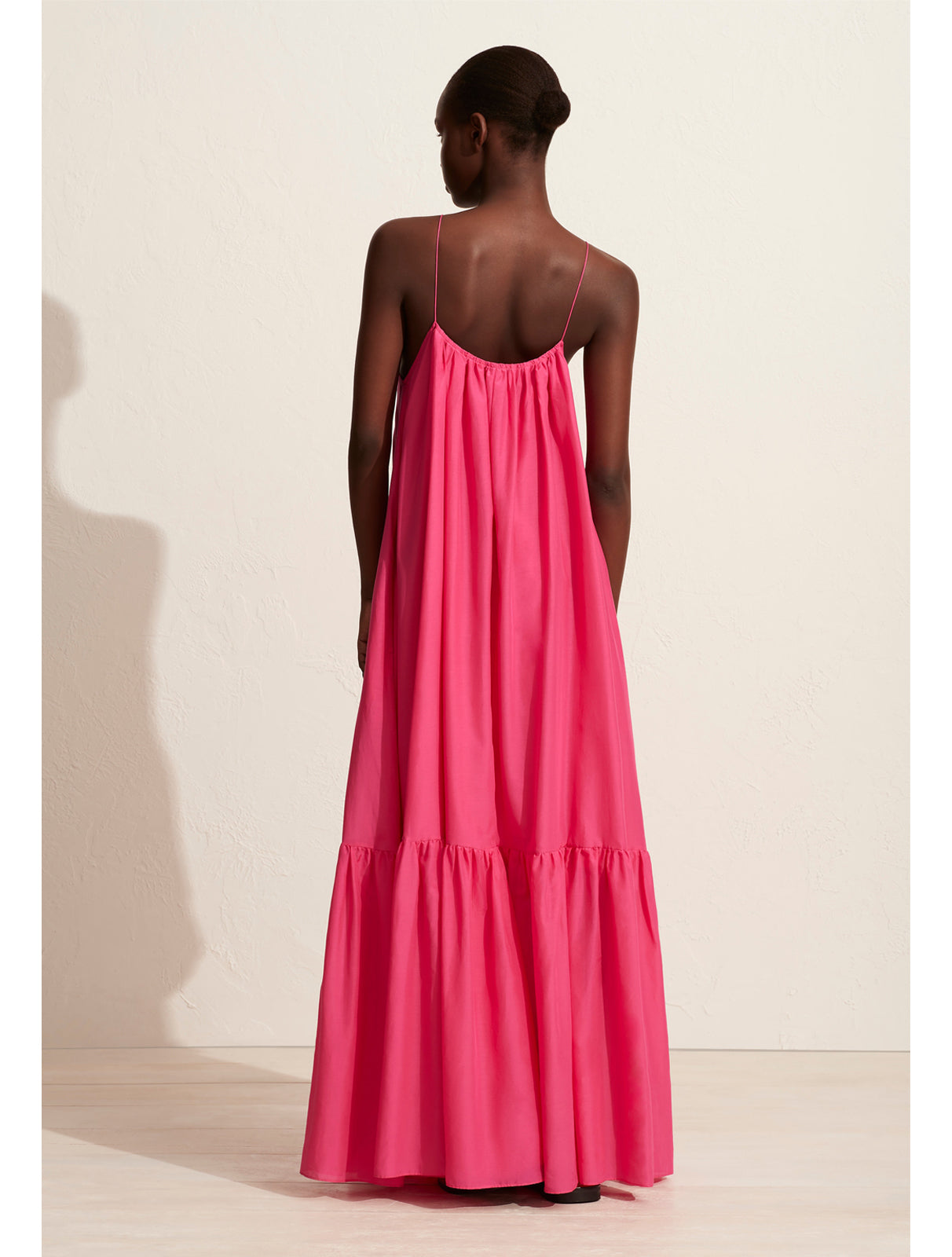 Matteau sherbert pink single layer gathered summer dress on model, back view